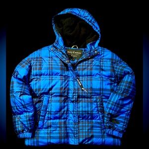 New Juicy Couture Mod Royal Tartan Puffer Coat in Blue Plaid